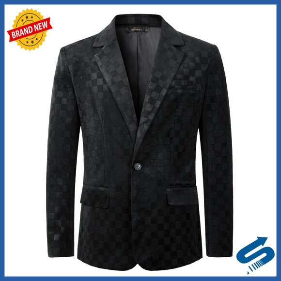 Slim Fit Sport Coat Blazer One Button Plaid Polyester Spandex